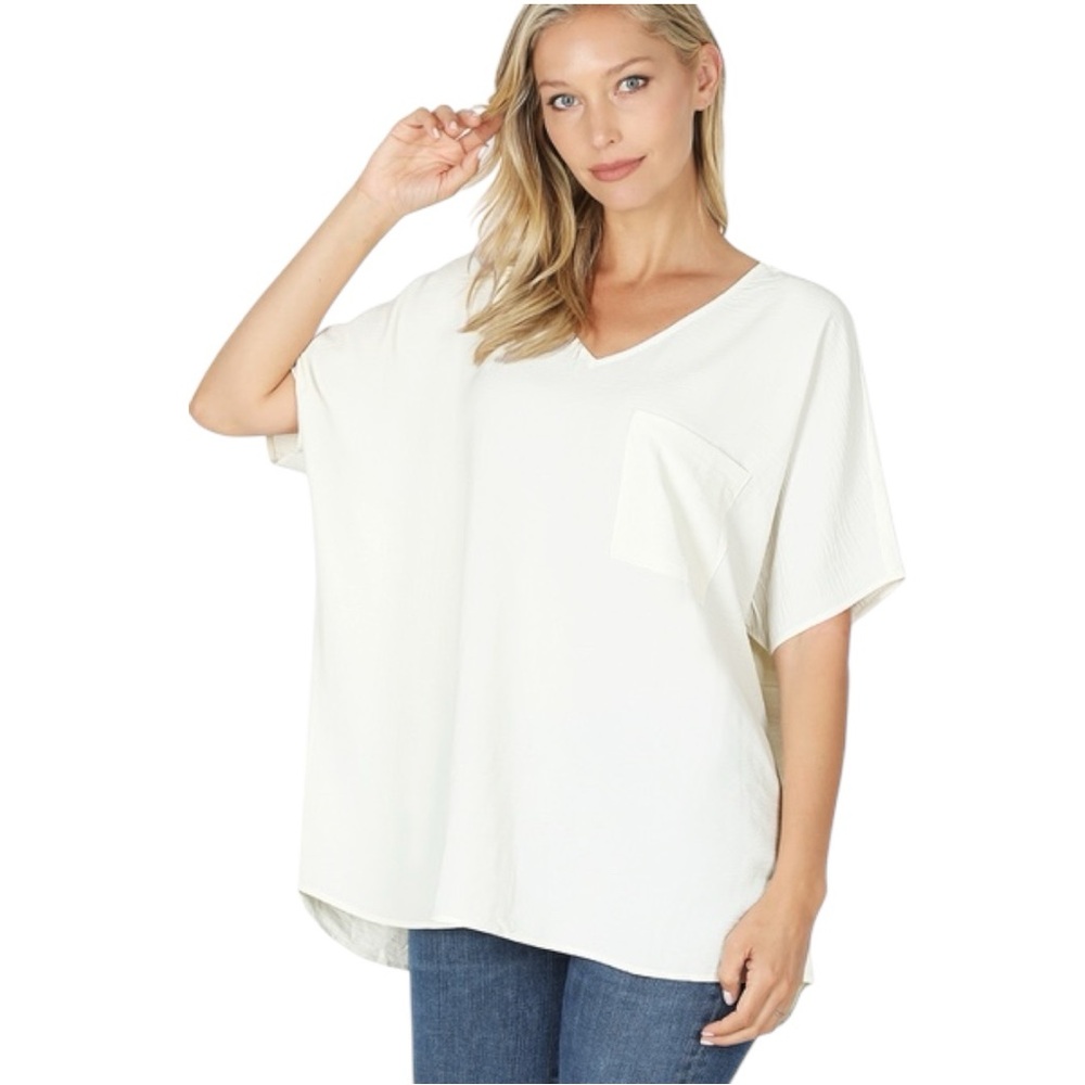 Off White V Neck Women's Top Large Zenana
